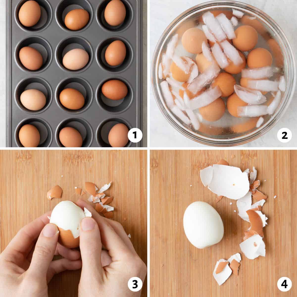 4 image collage making recipe: 1- eggs in a muffin pan before baking, 2- baked eggs in an ice bath, 3- peeling an egg, 3- egg after peeled on a cutting board with shell.