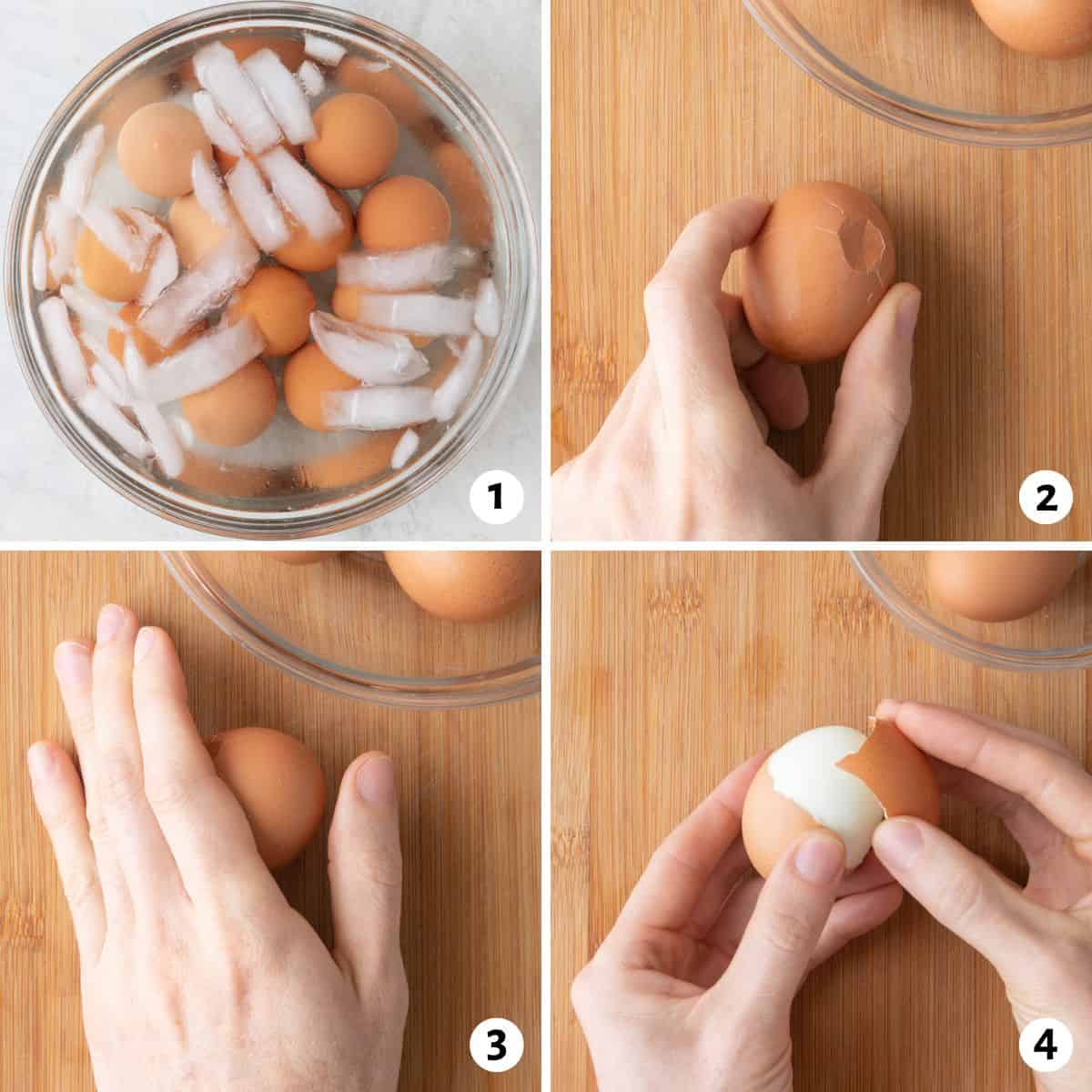 4 image collage on steps for recipe: 1- boiled eggs in an ice bath, 2- cracking shell on surface, 3- gently rolling egg on surface, 4- peeling shell away.