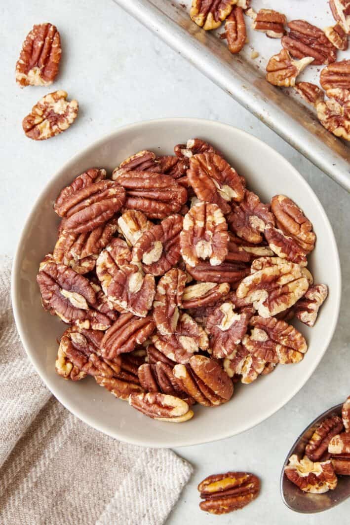 Bowl of pecans after toasting.