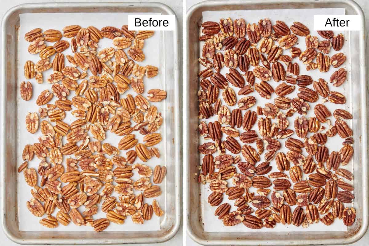 2 image collage of pecans on a parchment paper lined baking sheet before and after toasting in the oven.