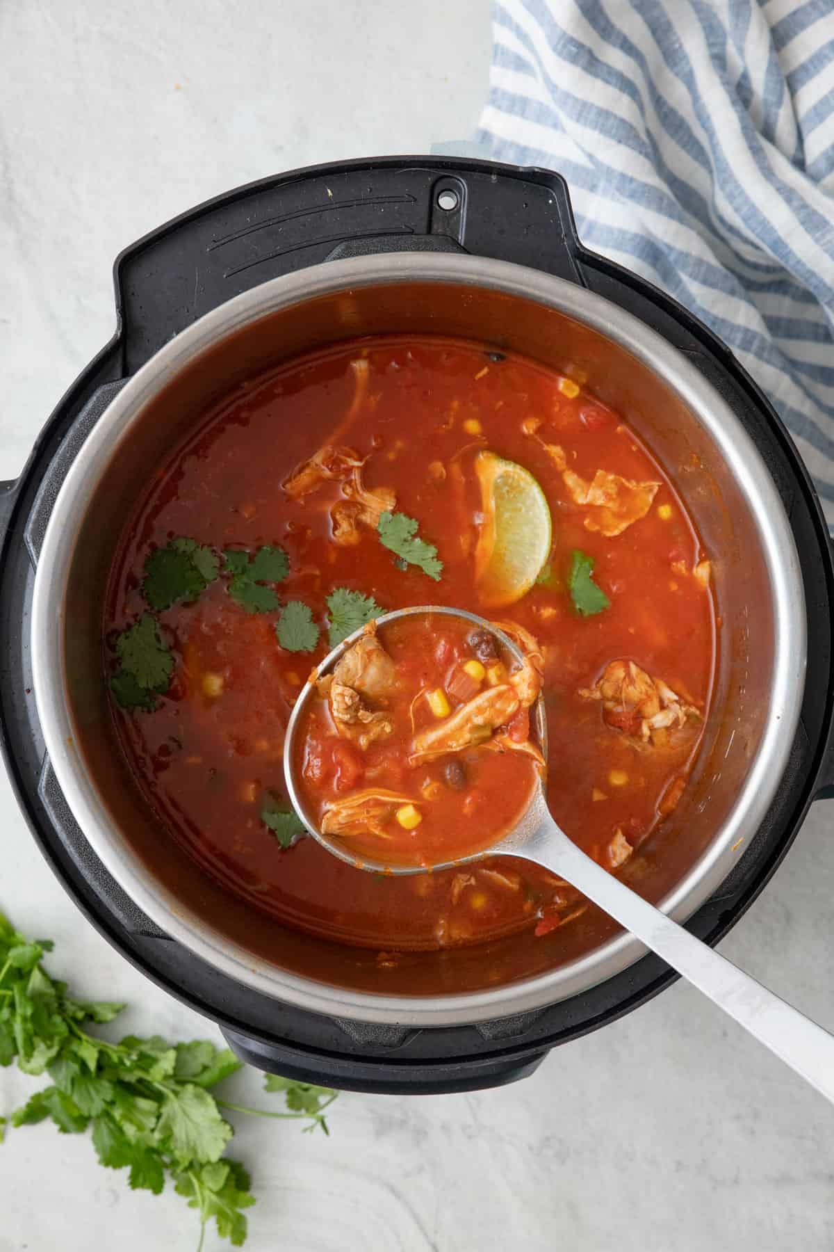Instant Pot Chicken Tortilla Soup with a ladle lifting some up.