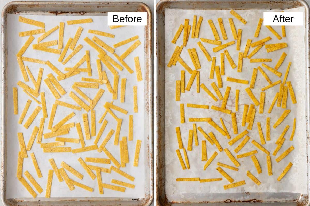 2 image collage of tortilla strips on a parchment lined baking sheet, before and after baking.