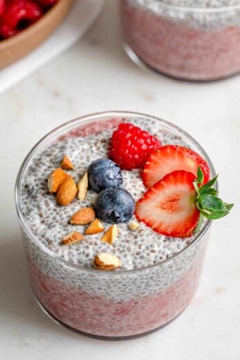 Two layers of chia pudding - strawberry on the bottom and plain on top