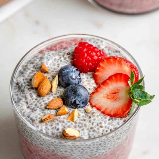 Two layers of chia pudding - strawberry on the bottom and plain on top