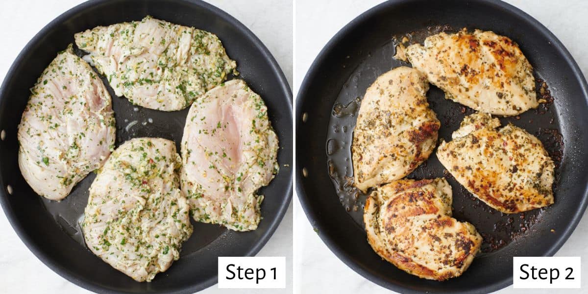 2 image collage of 3 marinated chicken breasts in a skillet before and after cooking.