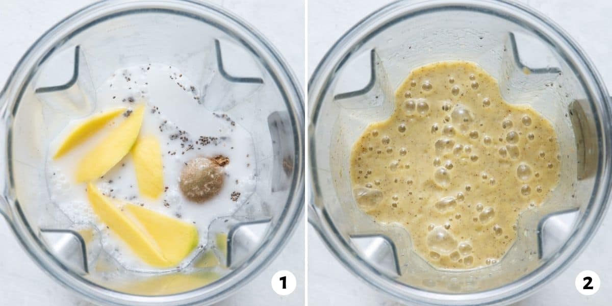 2 image collage of smoothie ingredients in blender before and after being mixed.