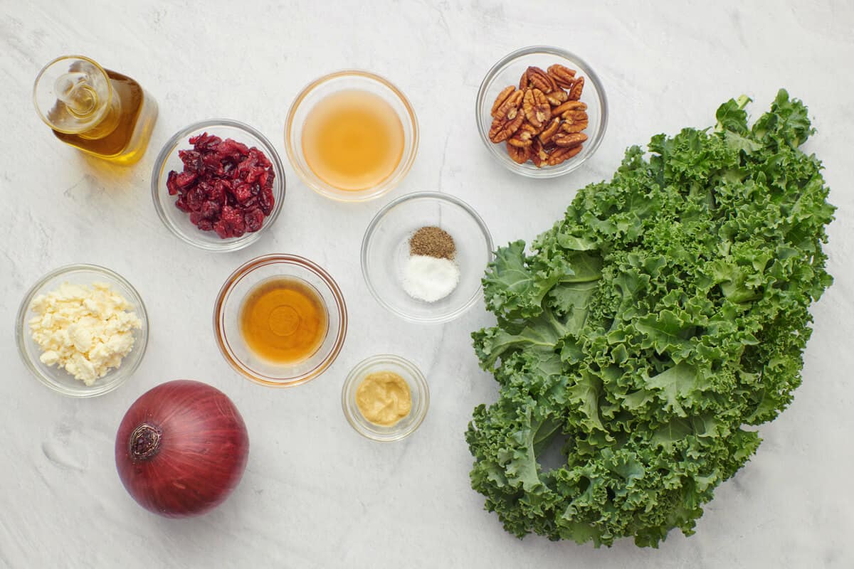 Ingredients for recipe before prepped: oil, feta, dried cranberries, apple cider vinegar, maple syrup, dijon, salt and pepper, pecan halves, and kale.