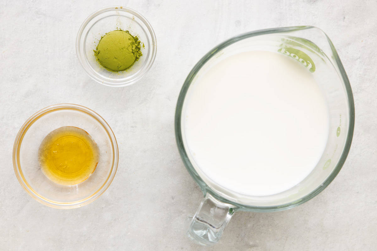 Ingredient for recipe: matcha powder, honey, and warm milk.