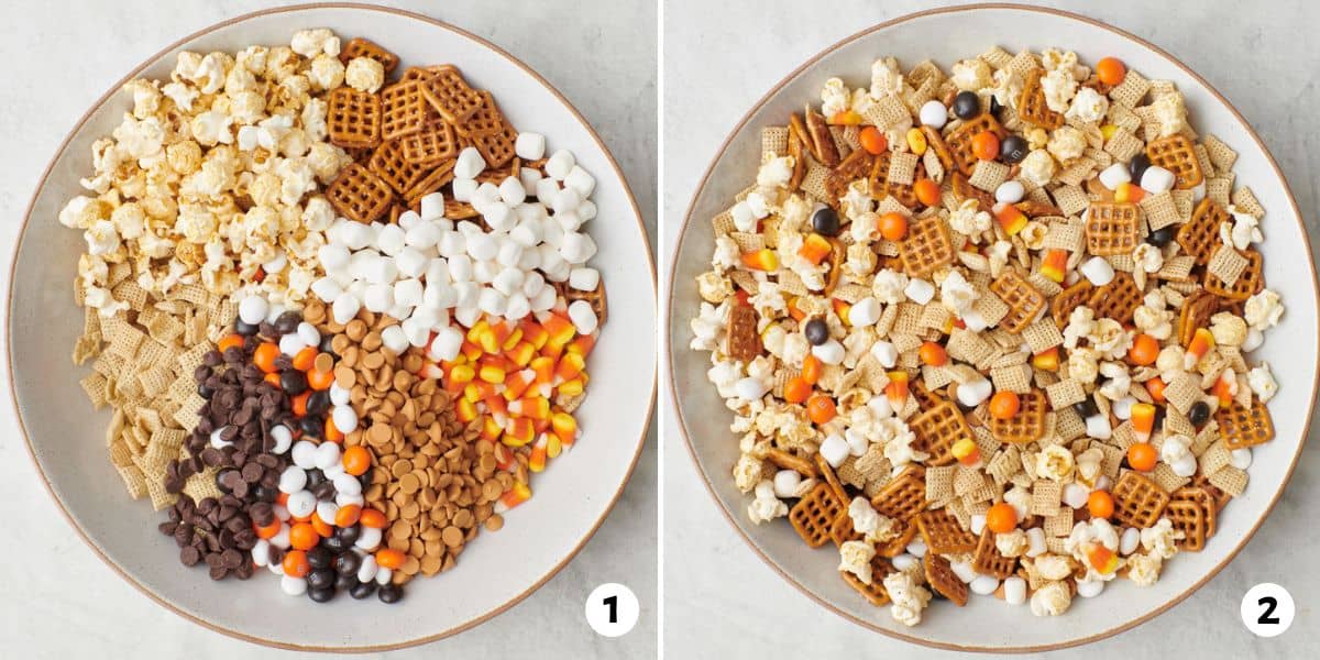 2 image collage of halloween trail mix in a bowl before and after tossing together.