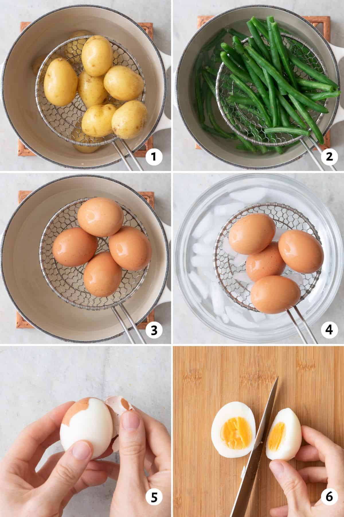 6 image collage making recipe: 1- removing potatoes from pot with spider too, 2- removing green beans, 3- removing eggs, -4 adding eggs to an ice bath, 5- peeling an egg, 6- cutting an egg in half.