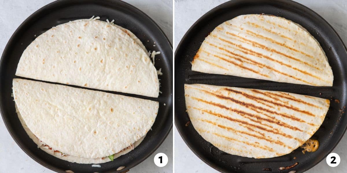 Before and after image of filled quesadilla on a grill pan.