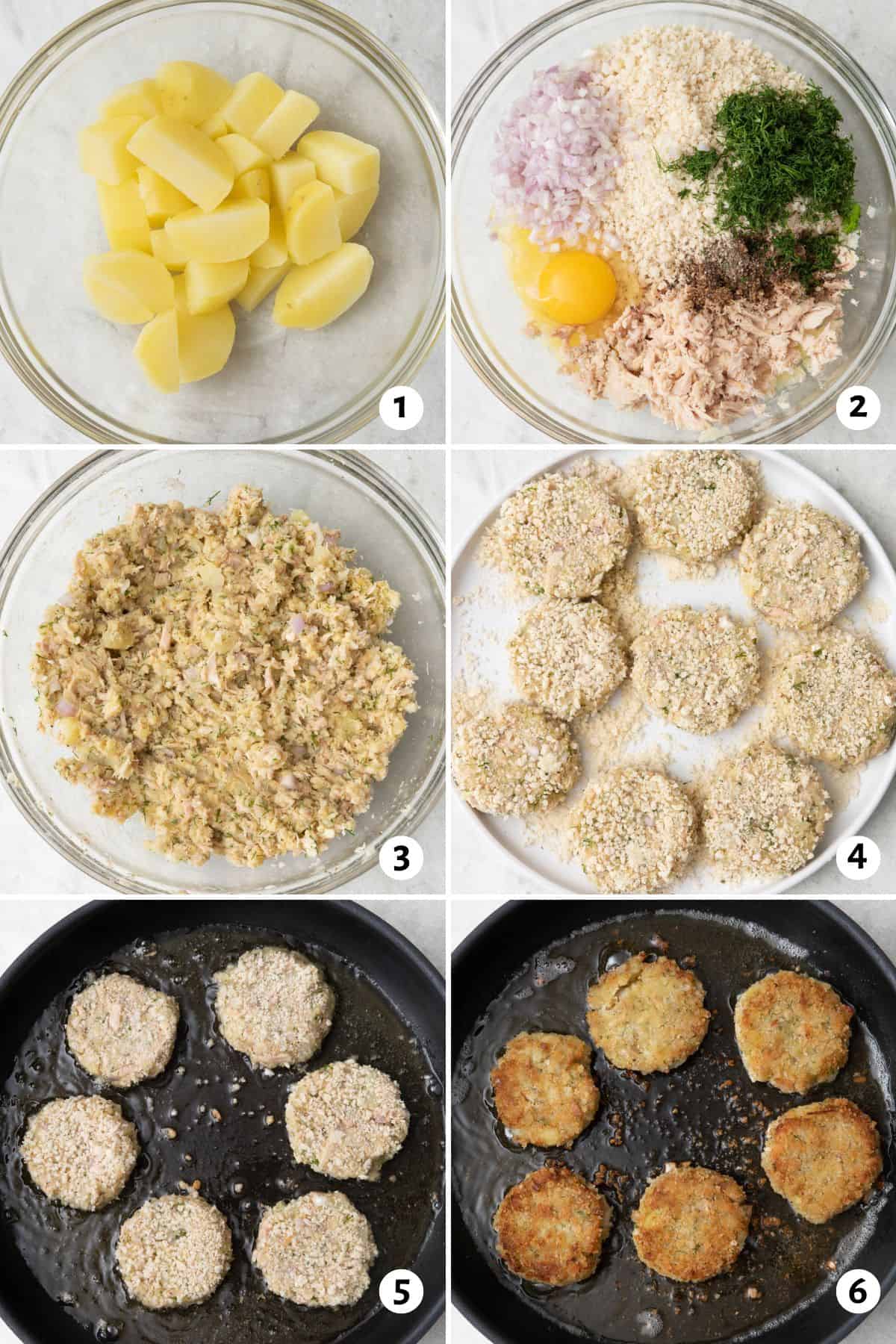 6 image collage making recipe: 1- cooked potatoes in a bowl, 2- after mashing with remaining ingredients added on top, 3- after combining mixture, 4- mixture shaped in to small patties and coated in breadcrumbs, 5- patties in a fry pan with oil, 6- after flipping to show crispy breading.