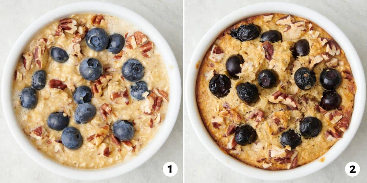 2 image collage showing blueberry muffin baked oats before and after baking