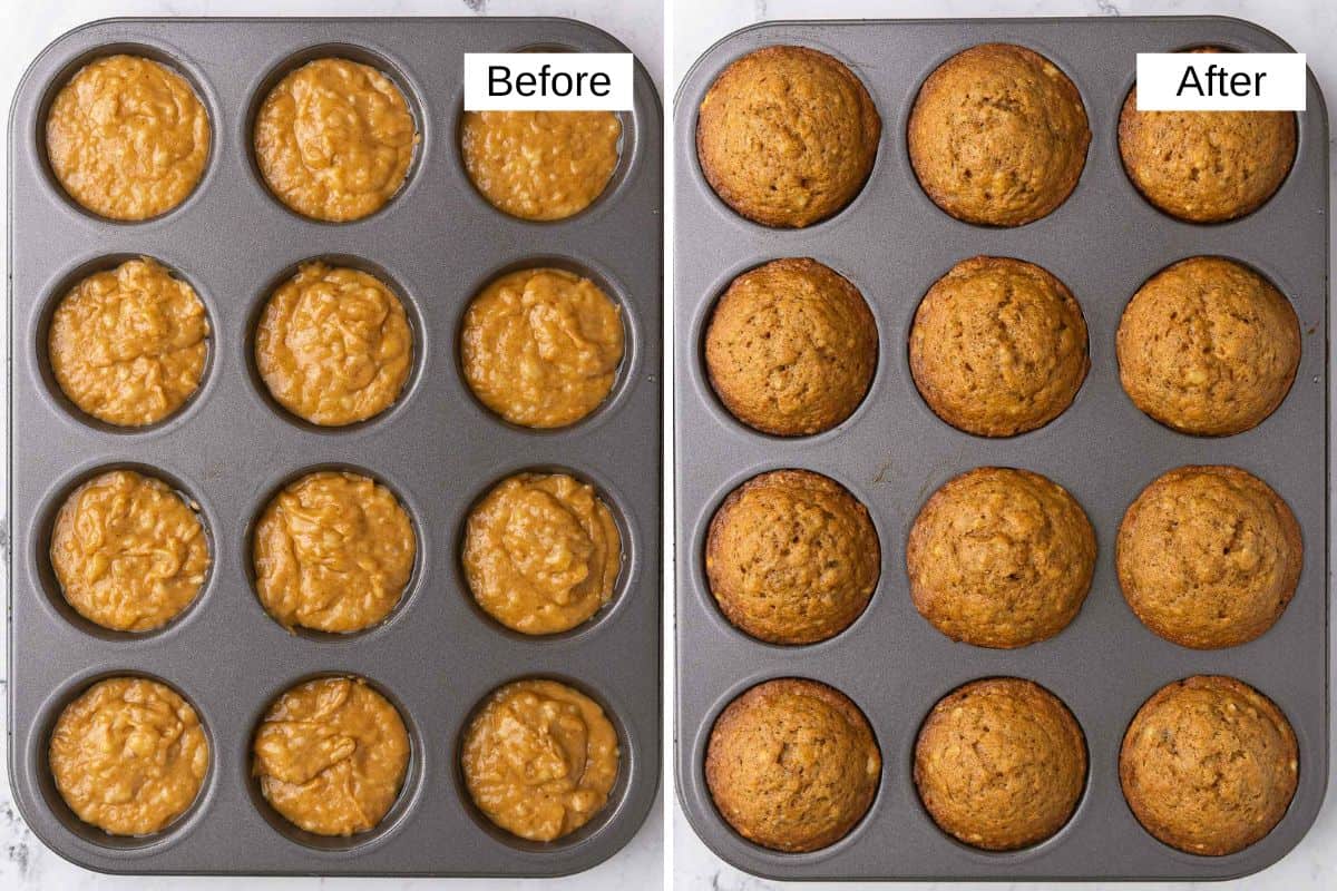 2 image collage before and after baking recipe in a muffin pan.