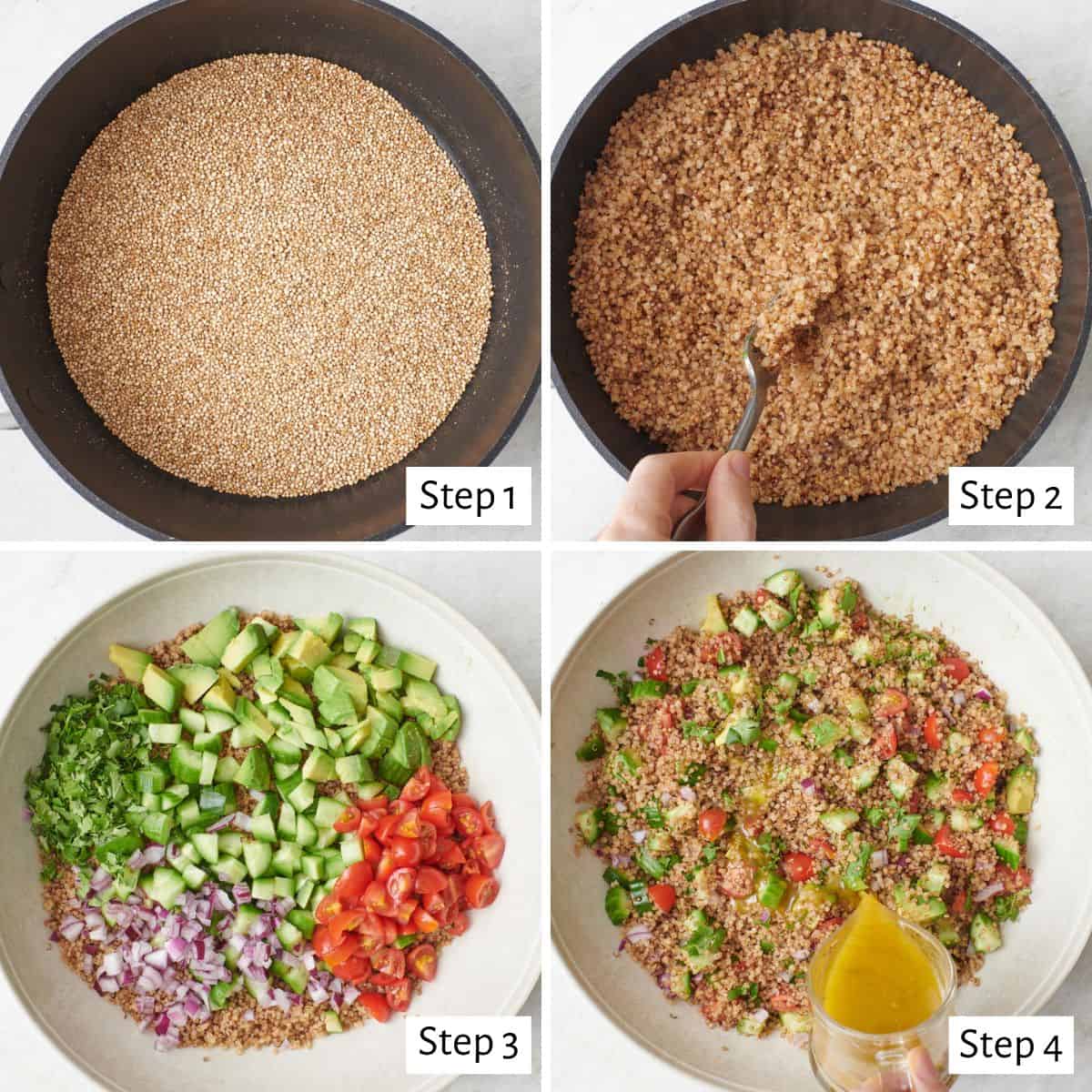 Collage of two images showing dressing poured and tossed for quinoa avocado salad