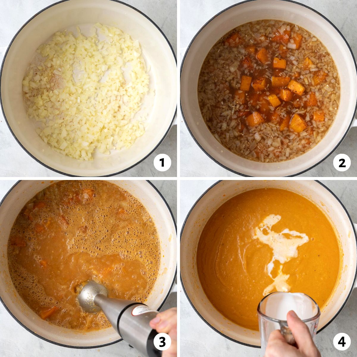 4 image collage of making soup in one pot:1 sauteeing onion, 2 adding other ingredients, 3 blending with an immersian blender, and 4 adding in cream to smooth soup.