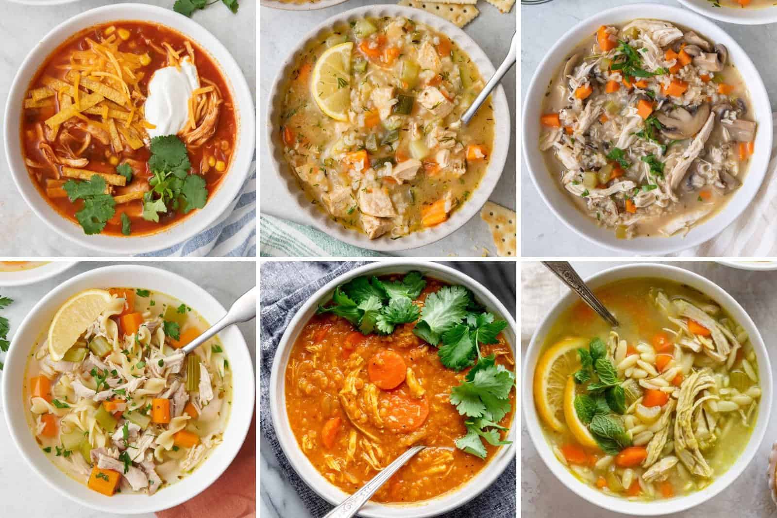 6 image collage featuring chicken soup recipes.