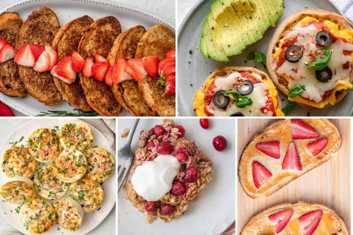 5 image collage of easy breakfast recipe ideas.