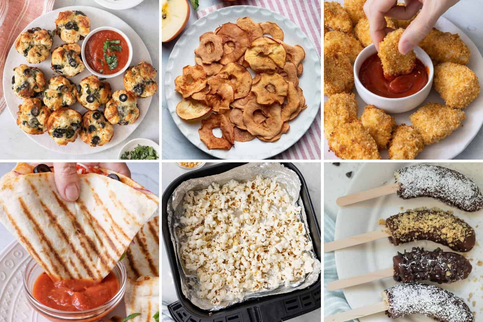 4 image collage of kid friendly snacks and appetizers.