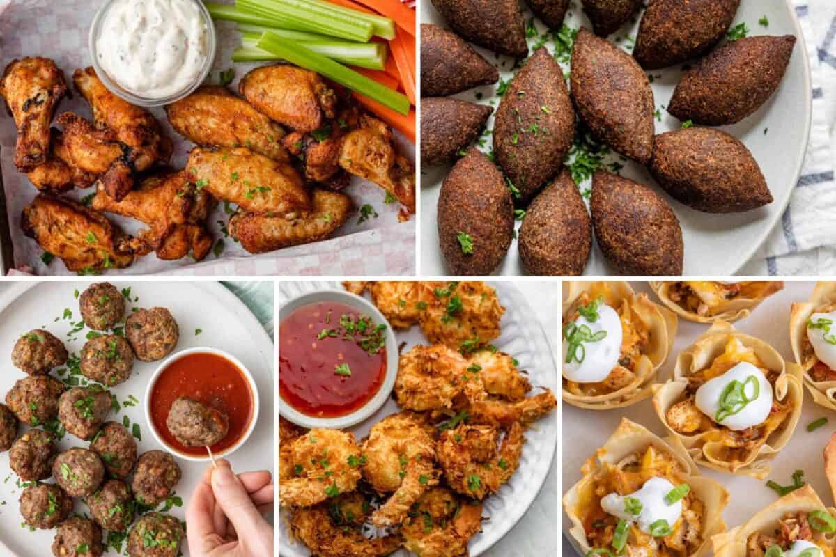 6 image collage of game day snacks and appetizers.