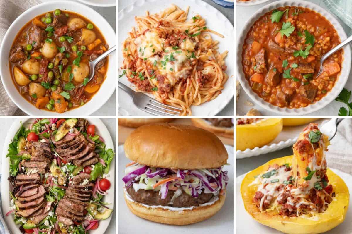 6 image collage of beef recipes.