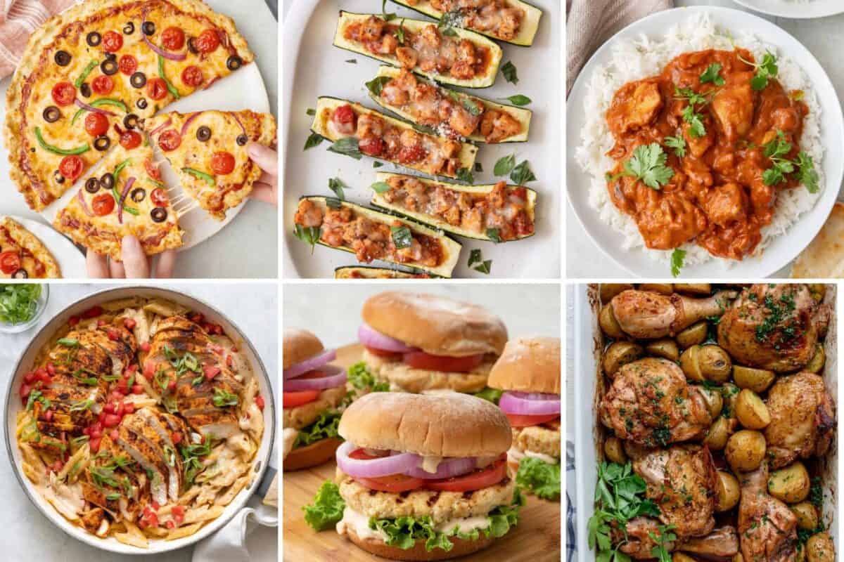 6 image collage of chicken recipes for dinner.