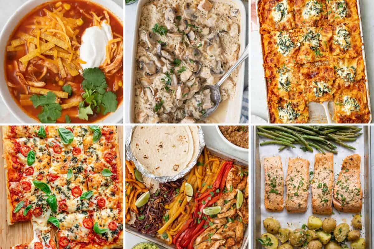 6 image collage of healthy family meals.