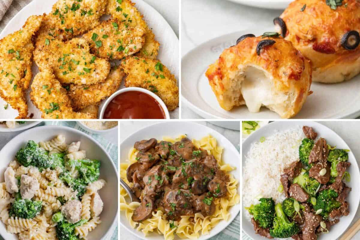 5 image collage of kid friendly meals to make.