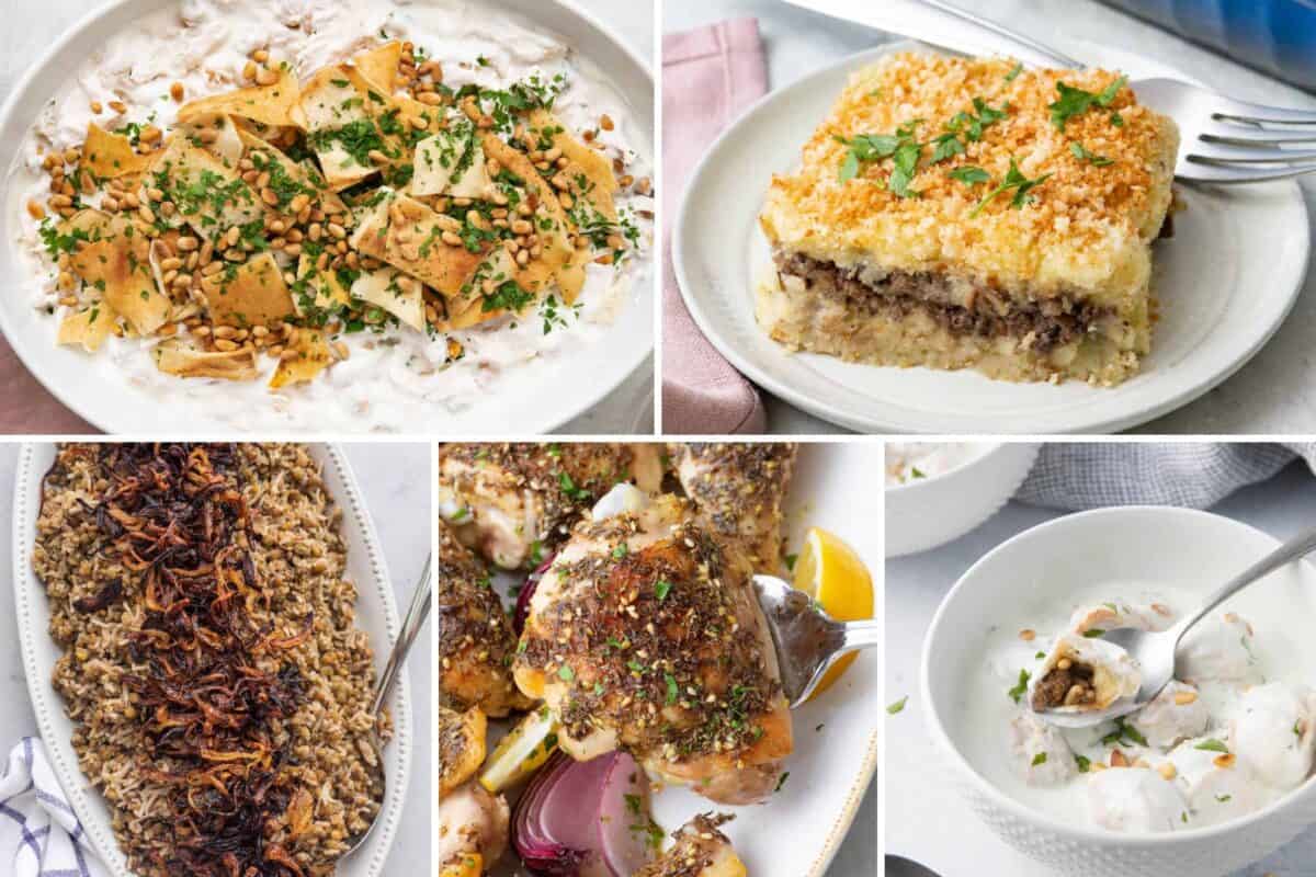 5 image collage of healthy Lebanese recipes.