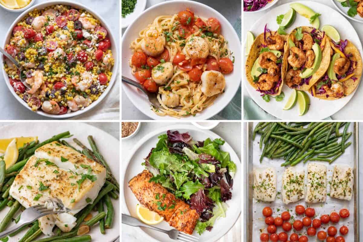 6 image collage showing healthy seafood meals.