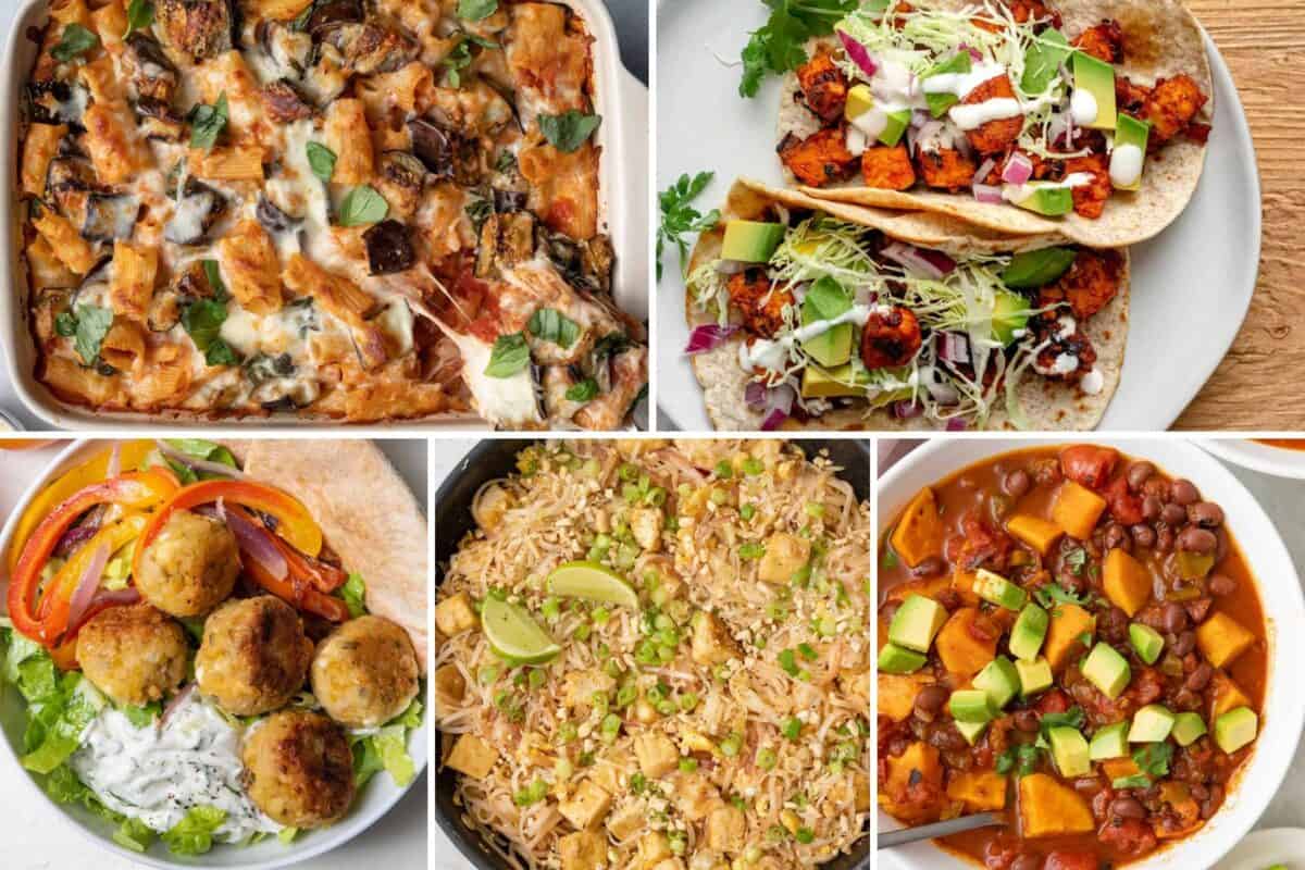5 image collage of healthy vegetarian dinner recipe ideas.
