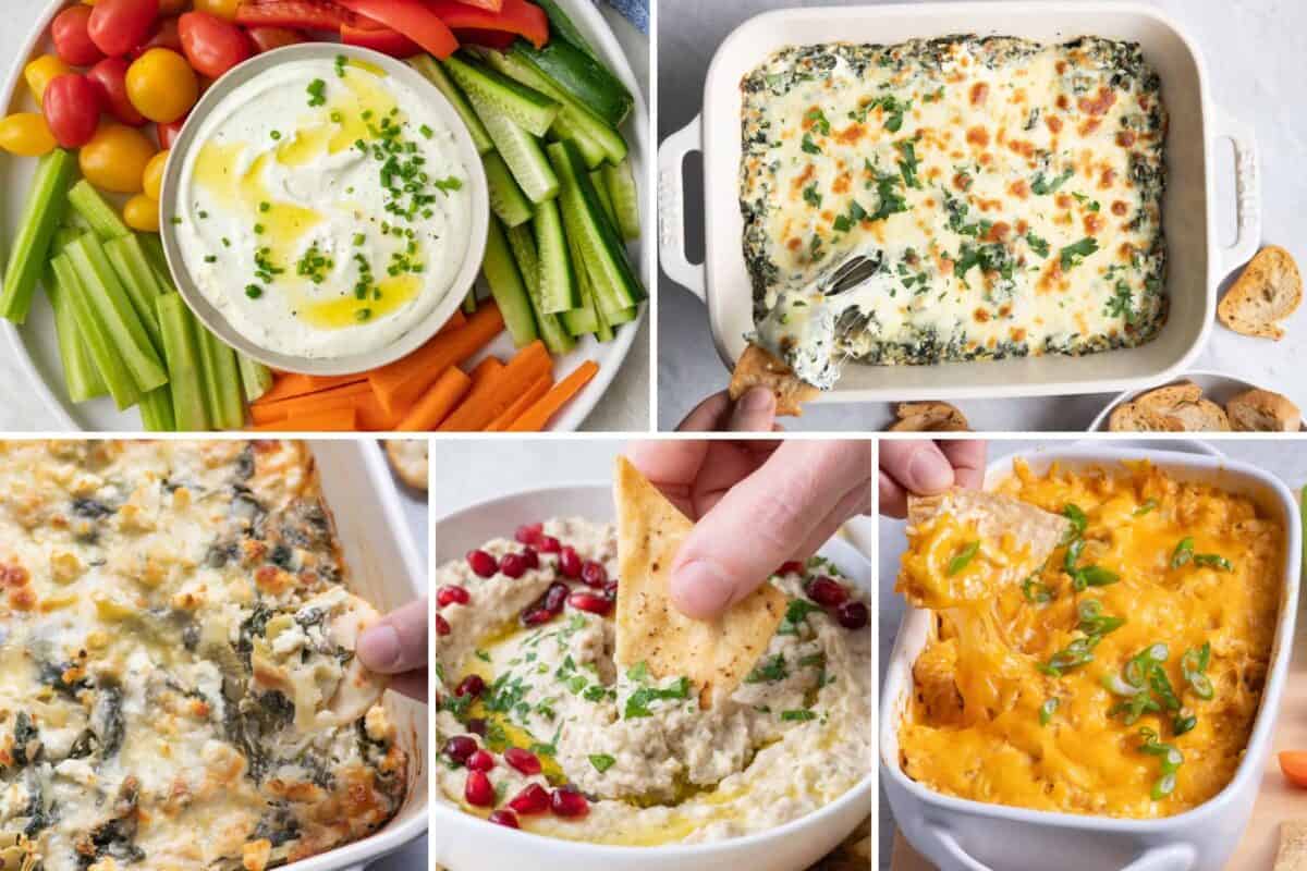 5 image collage of party dip ideas.