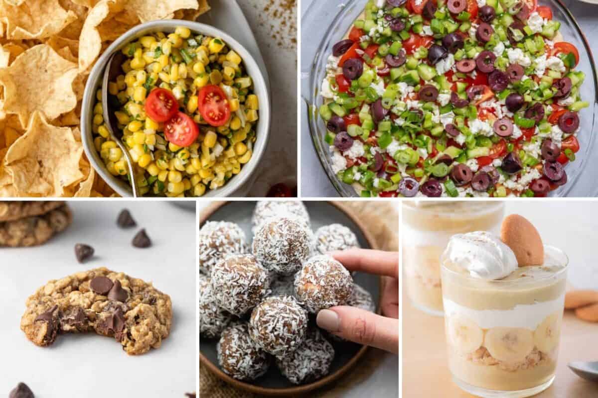 5 image collage of snack recipes to make for new years.