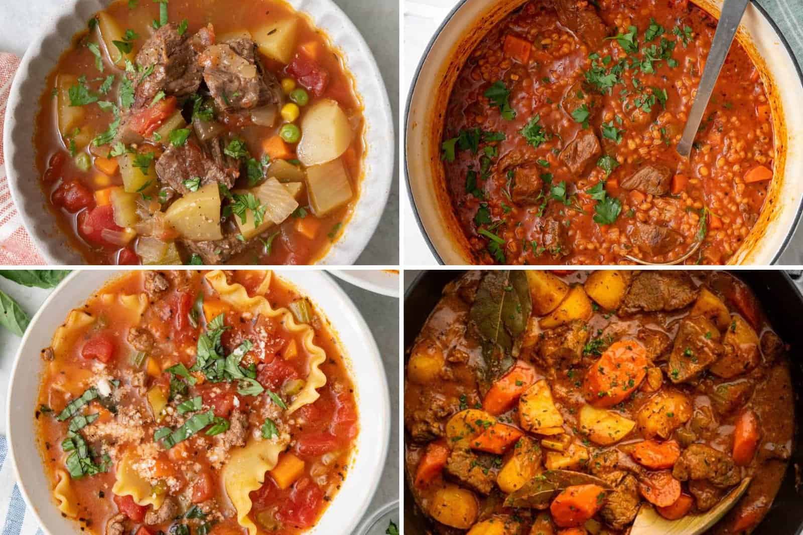 4 image collage of beef soup recipes.