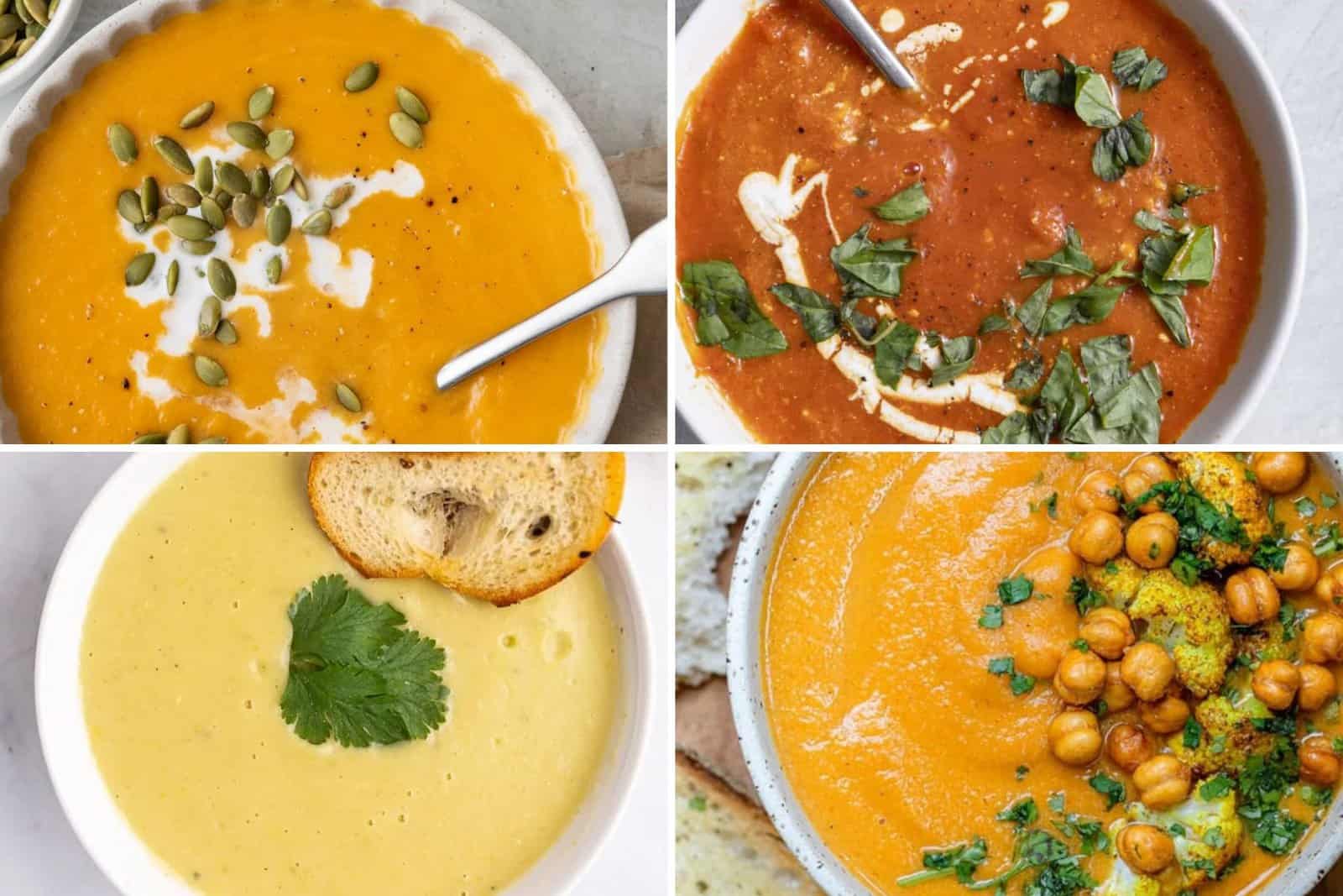 4 image collage of blended and pureed soup ideas.