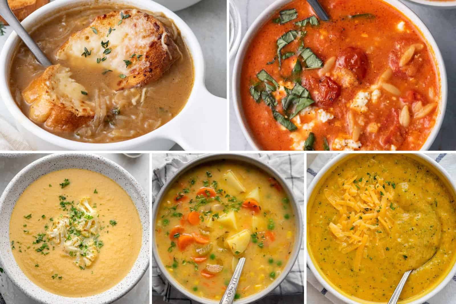 5 image collage of creamy soup recipe ideas.