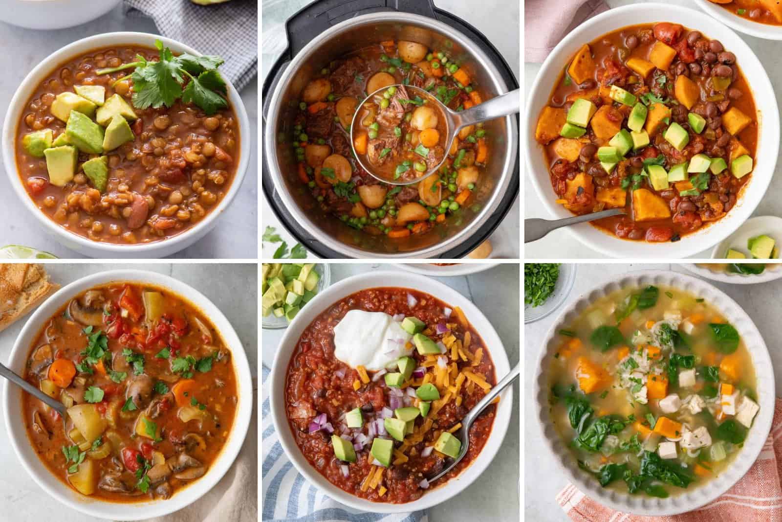 6 image collage of stews and chilis.