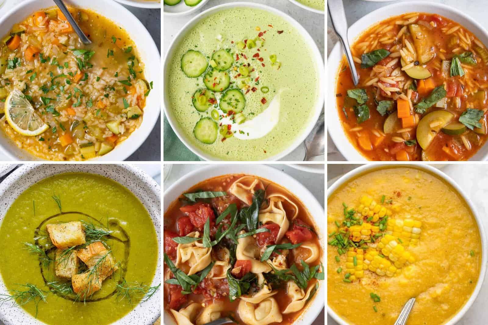 6 image collage of soups perfect for summer.