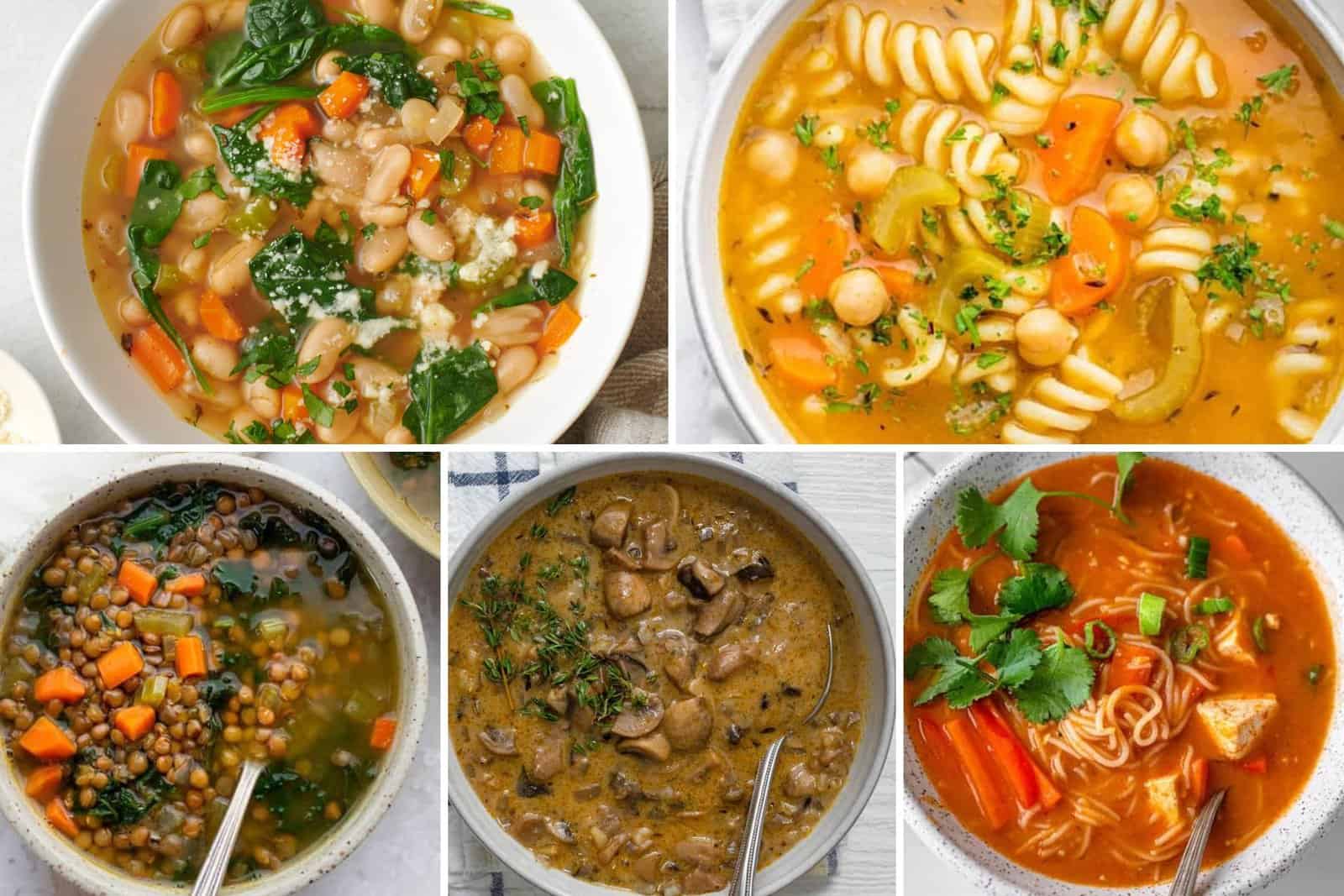 5 image collage of hearty vegetarian soup ideas