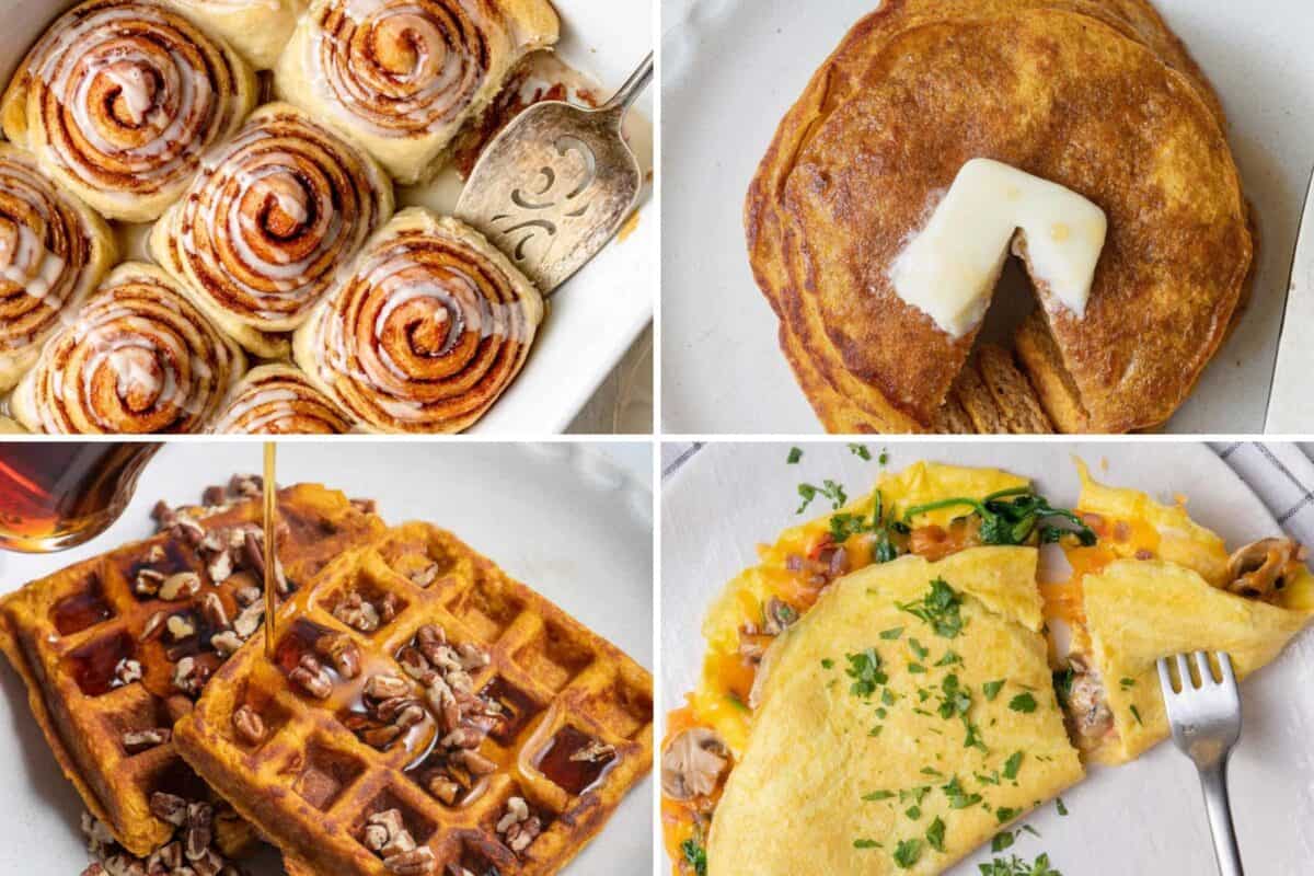 4 image collage of breakfast ideas.