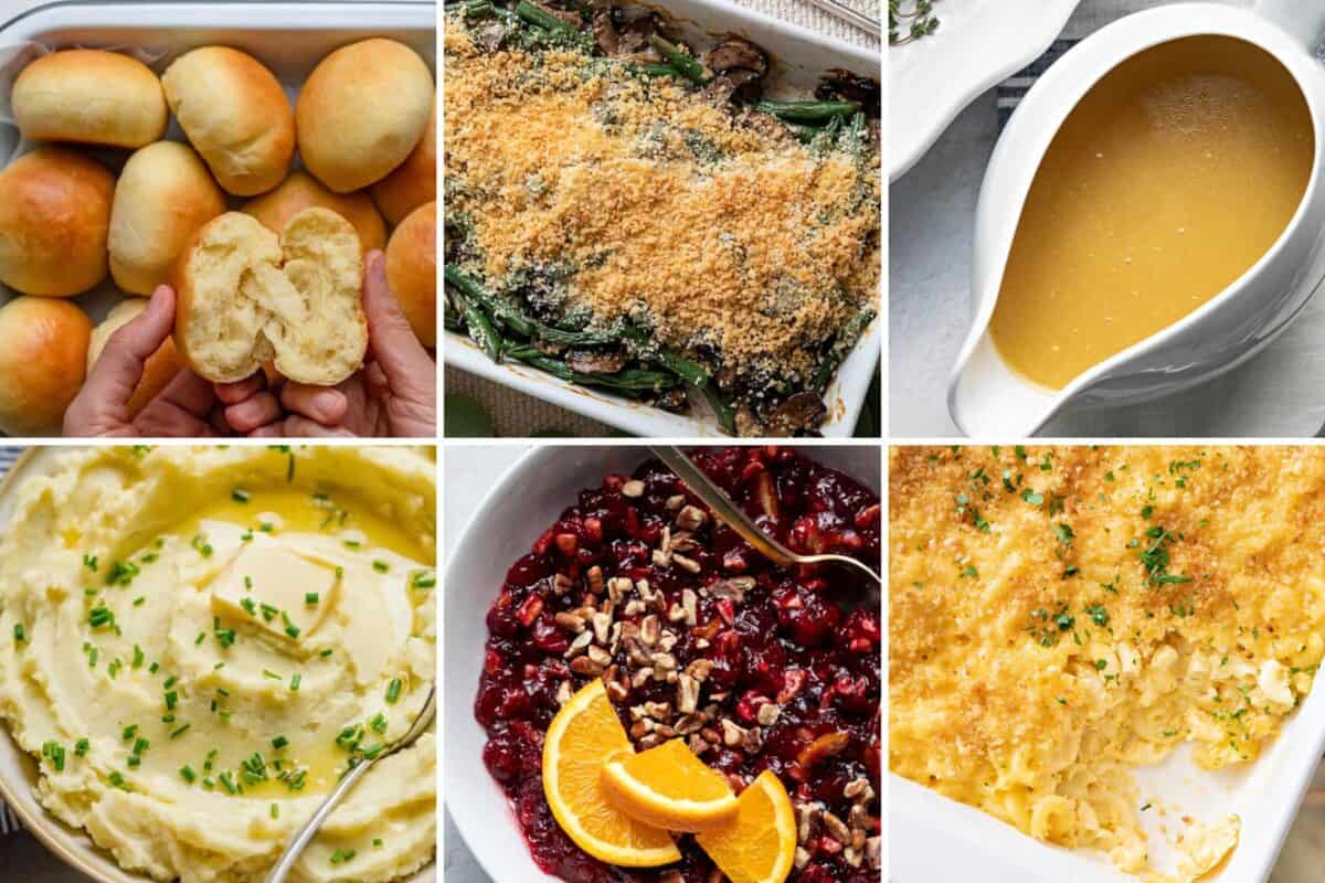 6 image collage of tradtional side dish ideas.
