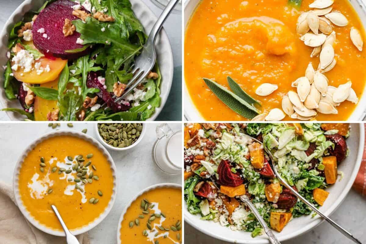 4 image collage of different soup and salad starters.