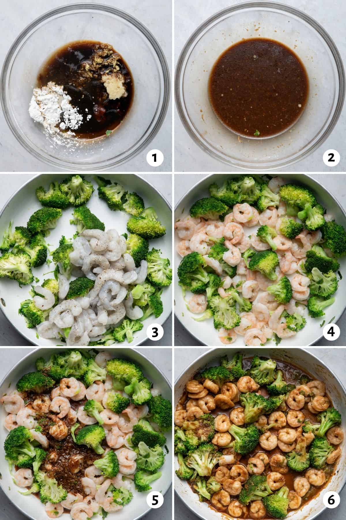 6 image collage to show how to make the sauce, then how to cook the shrimp and broccoli and toss together with the sauce