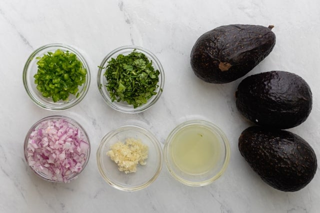 Ingredients to make the recipe: avocados, cilantro, jalapeño peppers, red onions, garlic and lime juice
