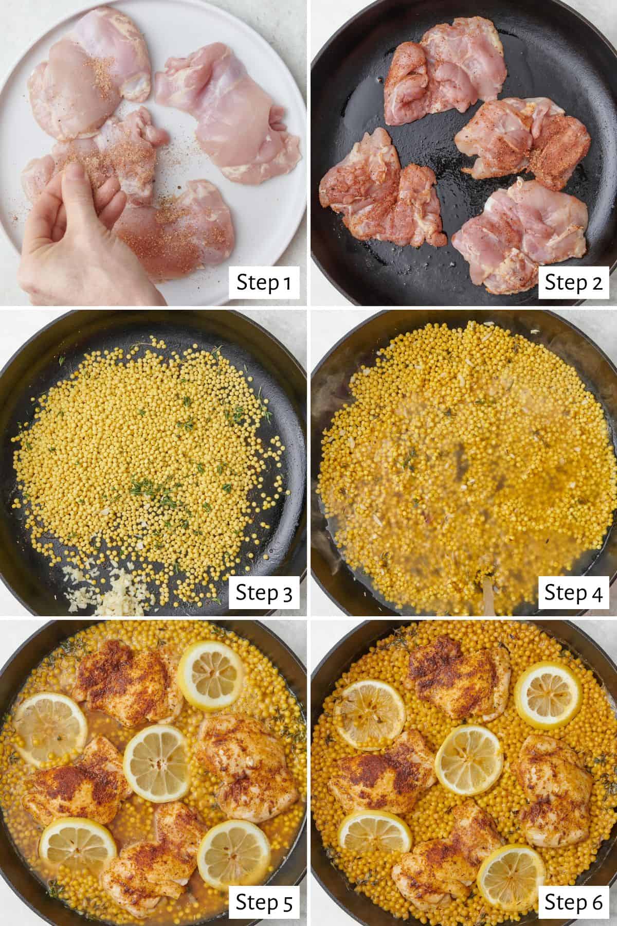 Collage of two images showing couscous in a skillet with water and then with the chicken and lemon slices being added