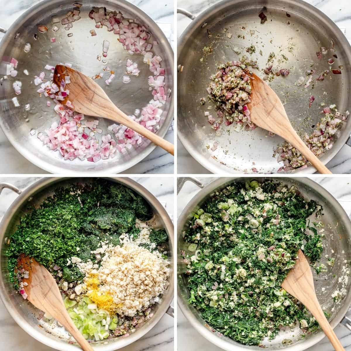 4 image collage showing how to make the spinach filling