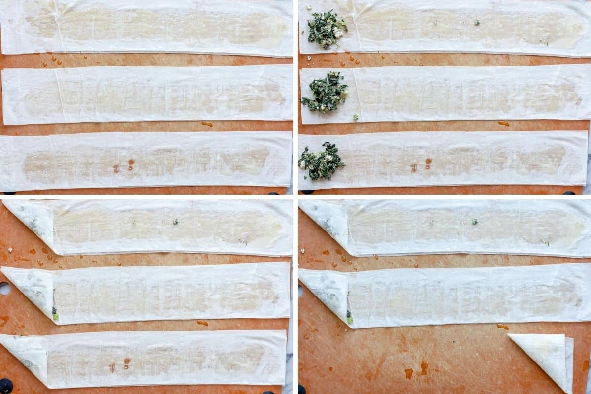 4 image collage showing how to roll them using phyllo sheets