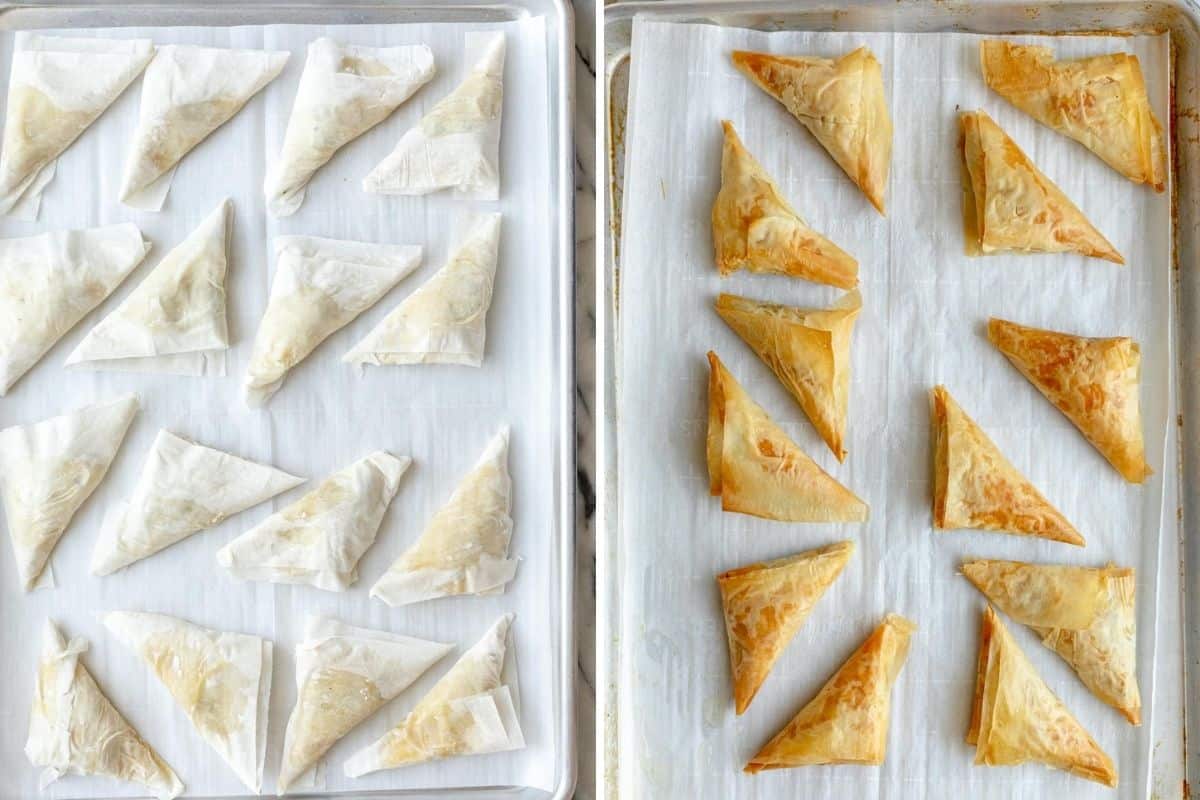 2 image collage showing the triangles before and after baking