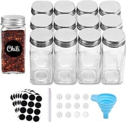 Set of 12 4 ounce spice jars with labels and funnel.
