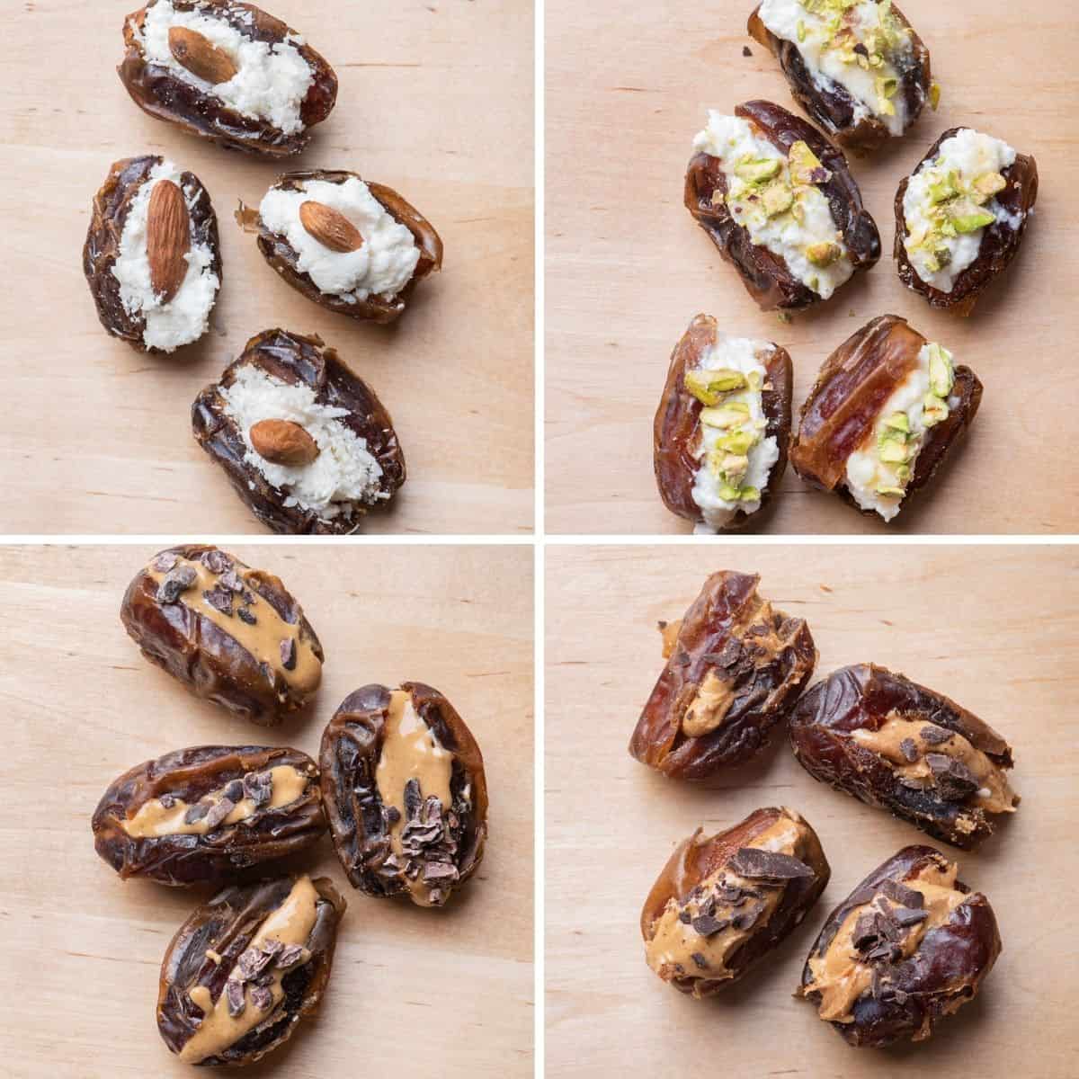 4 image collage to show four types of stuffed dates